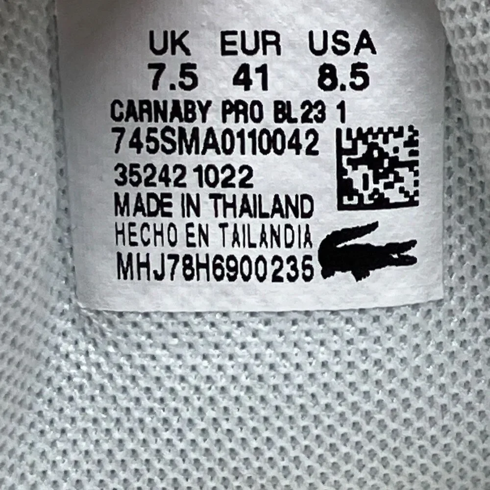 Lacoste Sneakers Mens 8.5 White Leather Low Top Casual Tennis Carnaby Pro Shoes‎